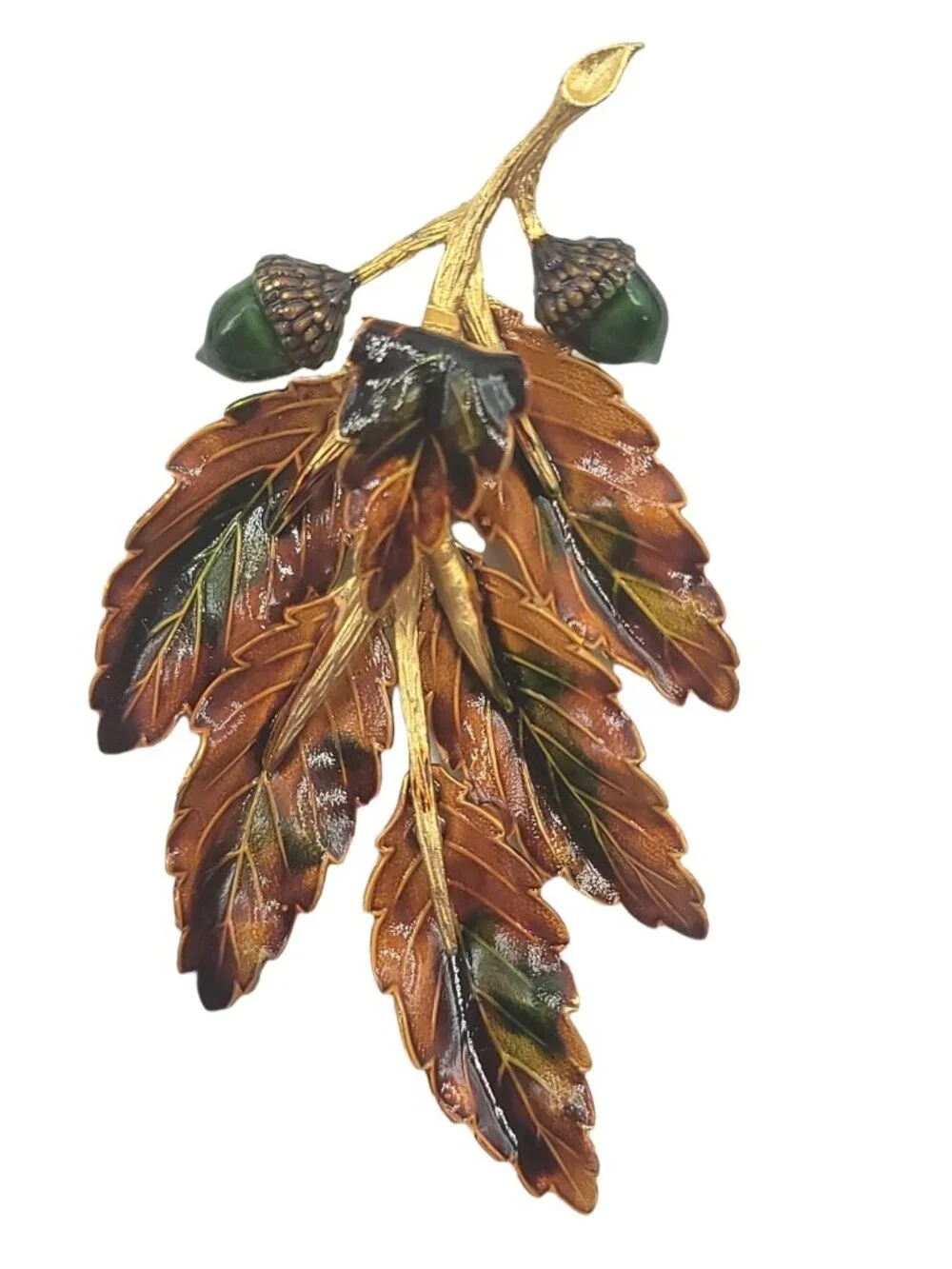 Weiss Brown Green Enamel Maple Leaf Acorn Brooch Signed